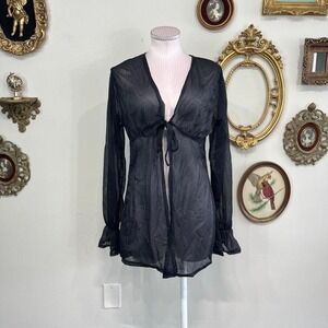 Vintage Cheryl Creations Black Sheer Tie Front Blouse Size M Y2K Lingerie Top
